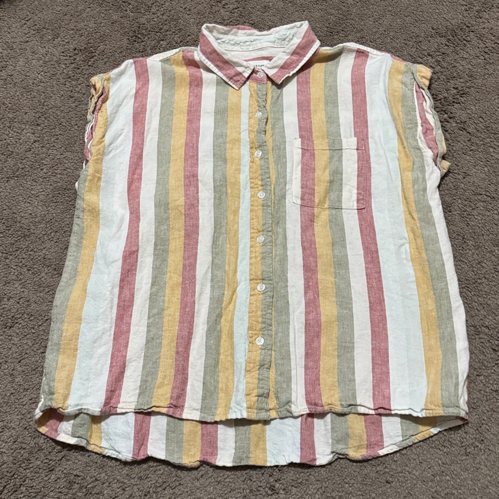 Threshold Rayon/Linen blend Button Up Shirt-Striped/Red/Mustard/Beige/Olive-Sz L - Picture 9 of 14